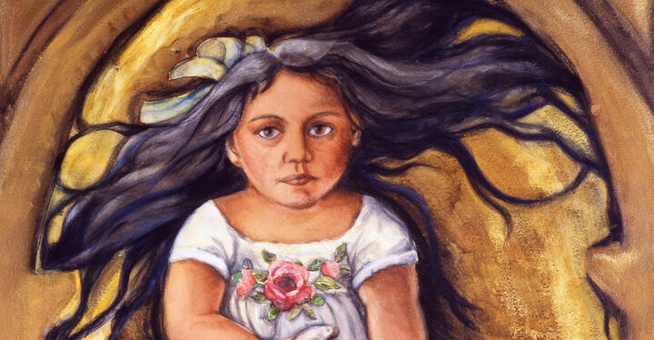 Painting of young Hispanic woman with long black hair, wearing white shirt with pink flowers